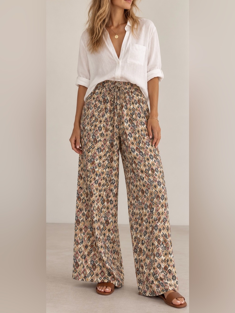 LA MIEL Neutral Diamond-Print Wide-Leg Pants